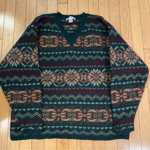 Vintage Men's V-Neck Patterned Sweater unisex Green and Brown Nordic Ski